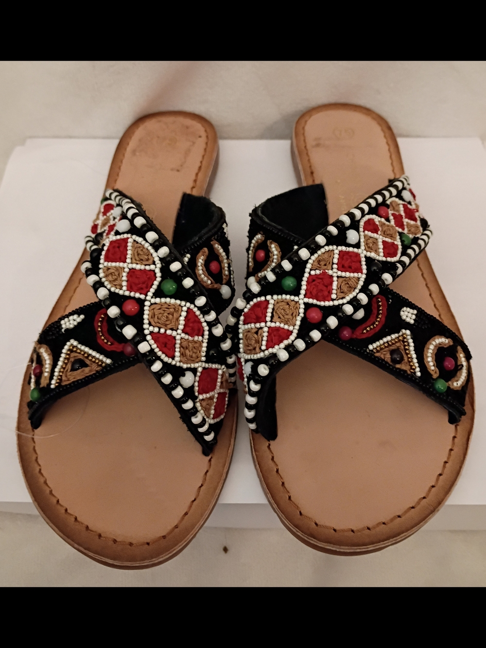 Chinese Laundry Black Beaded Crisscross Sandals with Red, Gold & Green Accents